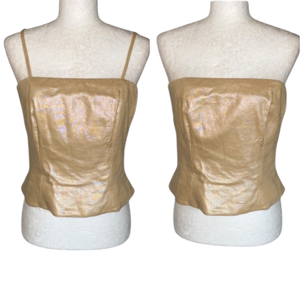 Carlisle Metallic Gold Tan Linen Blend Corset Cropped Strapless / Sraps Top - 6